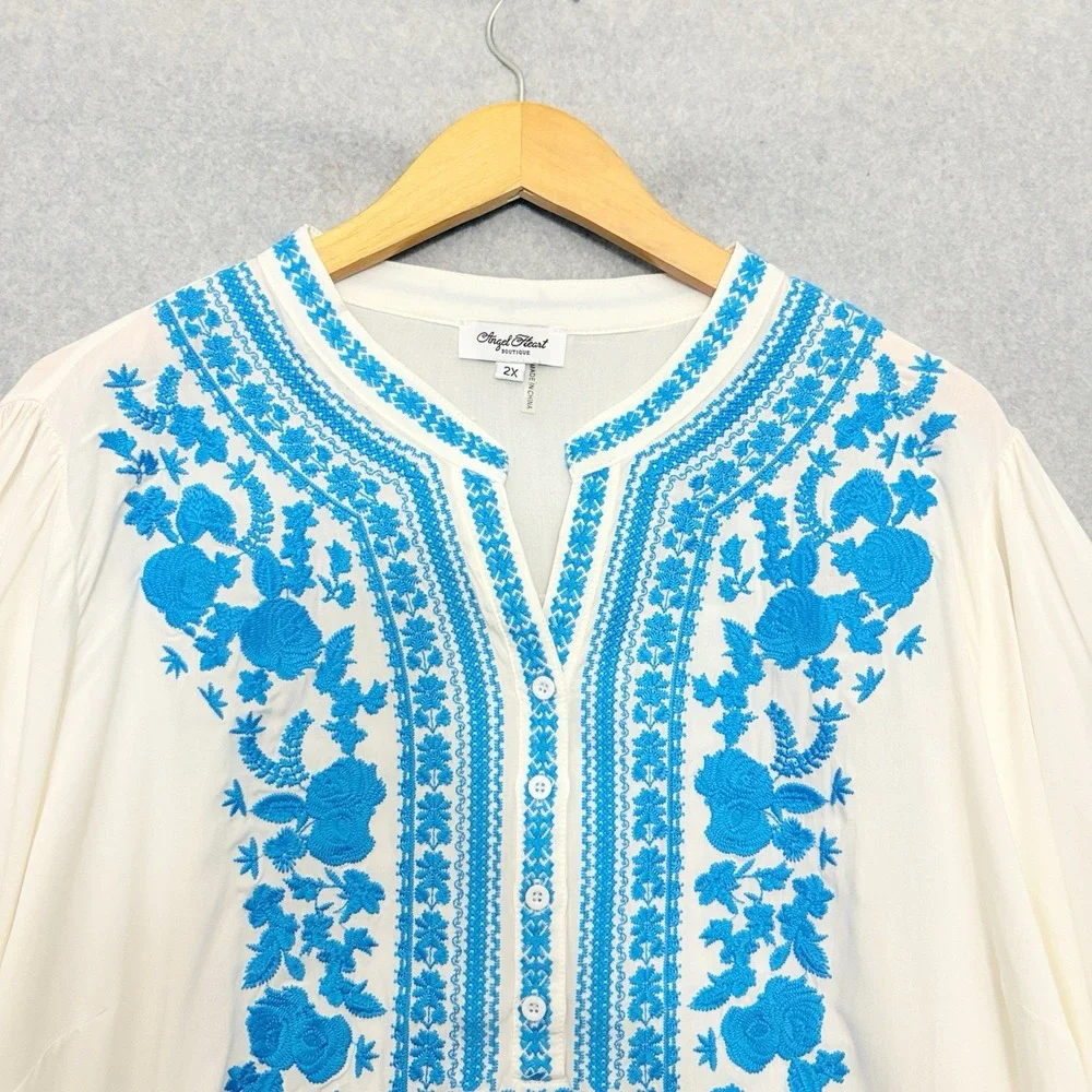 Angel Heart Boutique Women's Embroidered Tunic Top 2X‎  White Embroidered Boho - Picture 3 of 9